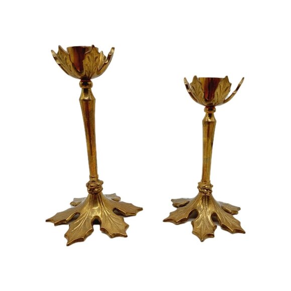 Brass Candlesticks Leaf Base 5.5" & 6 in Set Of 2 Two Sizes - Picture 1 of 8